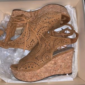 Marc fisher tie back cork wedges